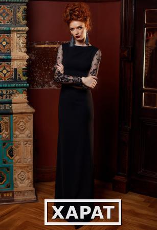Фото Черное длинное платье с кружевными рукавами