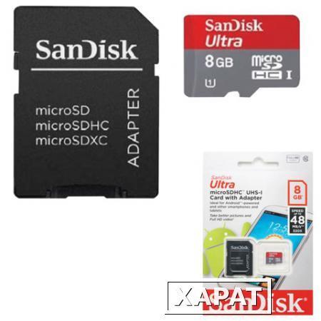 Фото Карта памяти micro SDHC, 8 GB, SANDISK Ultra Android, скорость передачи данных 48 Мб/сек. (class 10), с адаптером