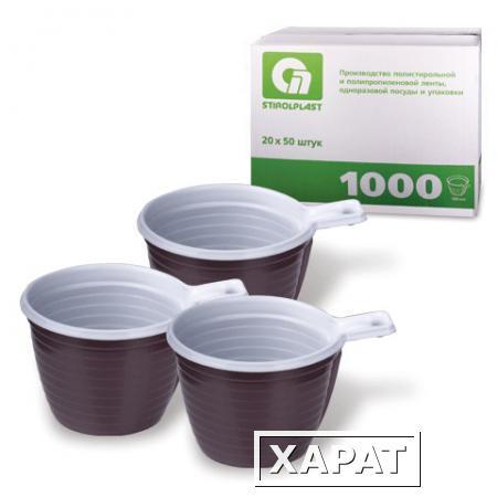 Фото Одноразовые чашки, комплект 1000 шт. (20 уп. по 50), пластиковые, для чая и кофе, 180 мл, бело-кор.