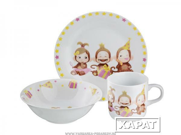 Фото Набор посуды на 1 персону 3 пр. обезьяна с подарком :миска+тарелка+кружка
