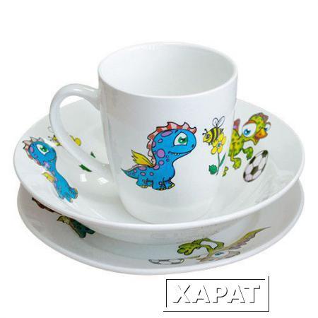 Фото Набор посуды 3 пр. гр. 8 "Динозавры" арт.0839 (кружка 260мл, тарелка 175мм, миска 250мл)