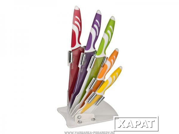 Фото Набор ножей нжс с цвет.полимерным покртыем на складывающейся подставке 6пр.