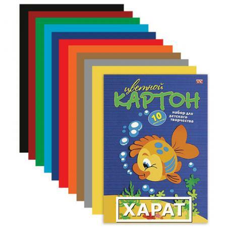 Фото Цветной картон, А4, 195х290 мм, HATBER VK, мелованный, 10 листов, 10 цветов, "Рыбка"