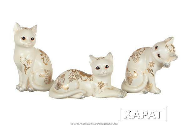 Фото Комплект фигурок белых из 3 шт, кошка привлечение достатка 15х21х25 см,