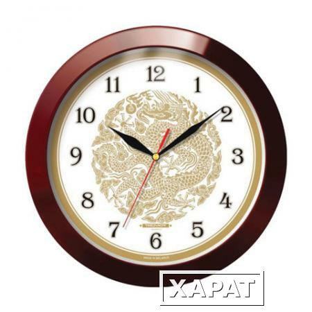 Фото Часы настенные TROYKA 11131190, круг, бежевые с рисунком "Золотой дракон", коричневая рамка, 29х29х3,5 см