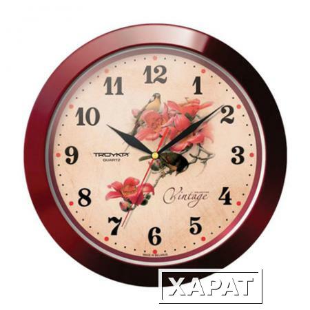 Фото Часы настенные TROYKA 11131155, круг, бежевые с рисунком "Винтаж", коричневая рамка, 29х29х3,5 см