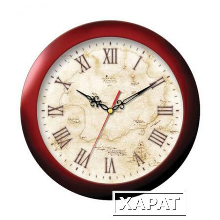 Фото Часы настенные TROYKA 11131150, круг, бежевые с рисунком "Карта", коричневая рамка, 29х29х3,5 см