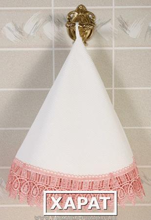 Фото Полотенце d 75см круглое кухонное кружева вафельное белое, кружево розовое