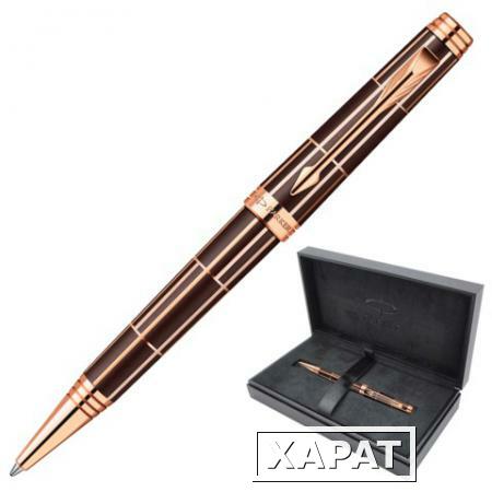 Фото Ручка шариковая PARKER "Premier Luxury Brown PGT", корпус латунь, лак, позолоченные детали, черная