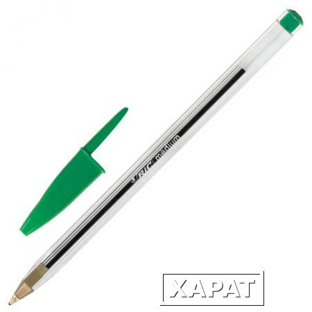 Фото Ручка шариковая BIC "Cristal", корпус прозрачный, зеленые детали, толщина письма 0,4 мм, зеленая