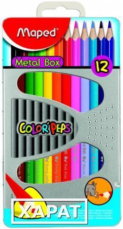 Фото Карандаши цветные COLOR'PEPS ,треугольные 12 цветные металическая коробка MAPED