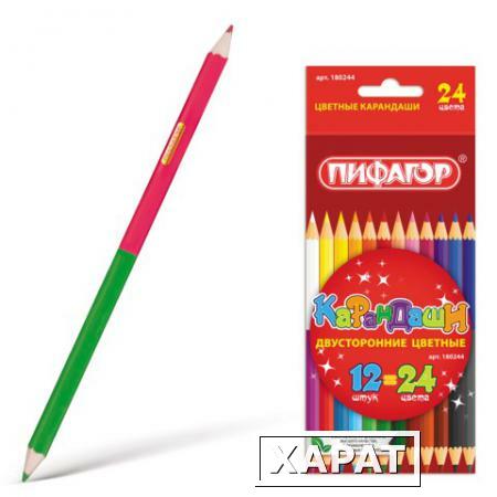Фото Карандаши двухцветные ПИФАГОР, 12 штук, 24 цвета, заточенные, картонная упаковка
