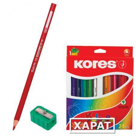 Фото Карандаши цветные KORES "Kolores", 24 цвета, трехгранные, с точилкой, заточенные, в картонной упаковке с европодвесом