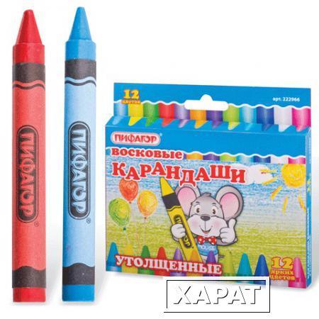 Фото Восковые карандаши утолщенные ПИФАГОР, 12 цветов