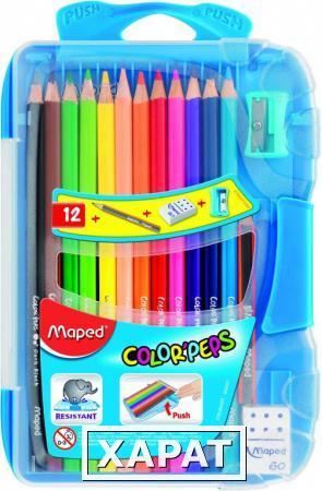 Фото Карандаш цветной COLOR'PEPS, плактиковый пенал,12 цветов + точилка + ластик + черный грифельный карандаш