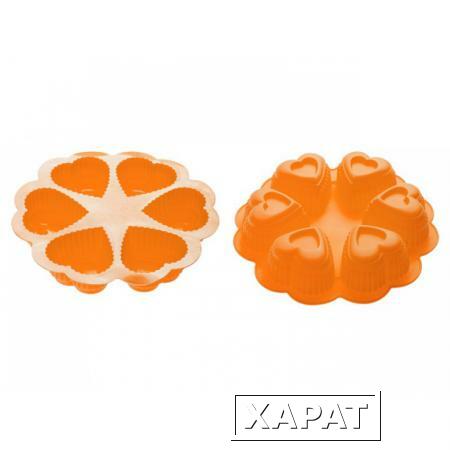 Фото Форма для выпечки, силиконовая, круглая на 6 сердец, 25 х 4.5 см, оранжевая, PERFECTO LINEA (20-018814)