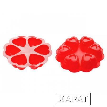 Фото Форма для выпечки, силиконовая, круглая на 6 сердец, 25 х 4.5 см, красная, PERFECTO LINEA (20-018815)