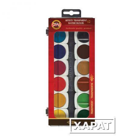 Фото Краски акварельные художественные KOH-I-NOOR, 12 цветов, лессировочные, пластиковая коробка с европодвесом
