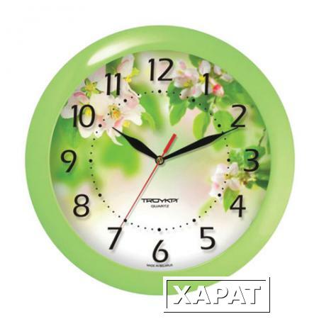 Фото Часы настенные TROYKA 11121186, круг, белые с рисунком "Весна", зеленая рамка, 29х29х3,5 см
