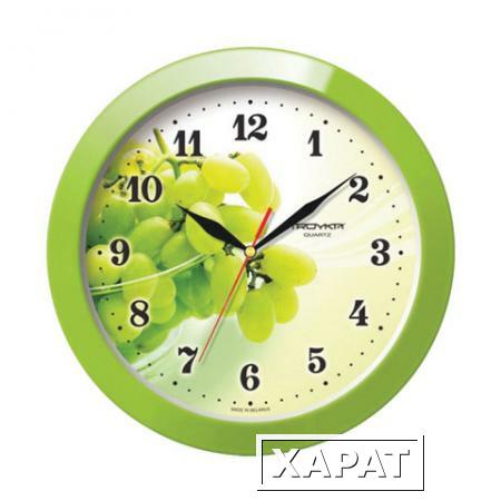 Фото Часы настенные TROYKA 11121161, круг, белые с рисунком "Виноград", зеленая рамка, 29х29х3,5 см