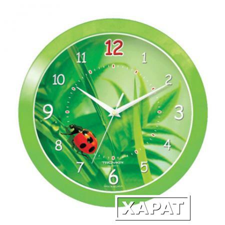 Фото Часы настенные TROYKA 11121142, круг, зеленые с рисунком "Божья коровка", зеленая рамка, 29х29х3,5 см