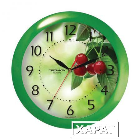 Фото Часы настенные TROYKA 11120162, круг, белые с рисунком "Вишня", зеленая рамка, 29х29х3,5 см