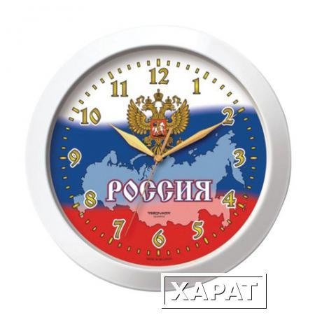 Фото Часы настенные TROYKA 11110191, круг, белые с рисунком "Россия", белая рамка, 29х29х3,5 см