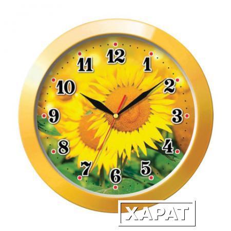 Фото Часы настенные TROYKA 11150154, круг, с рисунком "Подсолнухи", желтая рамка, 29х29х3,5 см