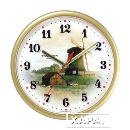 Фото Часы настенные TROYKA 91971925, круг, белые с рисунком "Ветряная мельница", бежевая рамка, 23х23х4 см