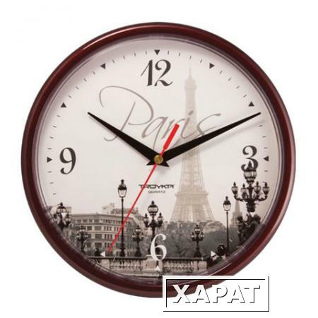 Фото Часы настенные TROYKA 91931927, круг, с рисунком "Paris", коричневая рамка, 23х23х4 см