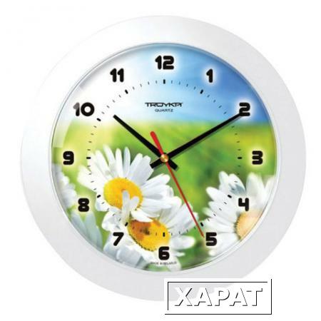 Фото Часы настенные TROYKA 51510532, круг, с рисунком "Ромашки", белая рамка, 30,5х30,5х5,4 см
