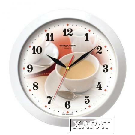 Фото Часы настенные TROYKA 11110187, круг, белые с рисунком "Чашка кофе", белая рамка, 29х29х3,5 см