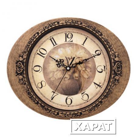 Фото Часы настенные SCARLETT SC-25I овал, бежевые с рисунком, коричневая рамка, плавный ход
