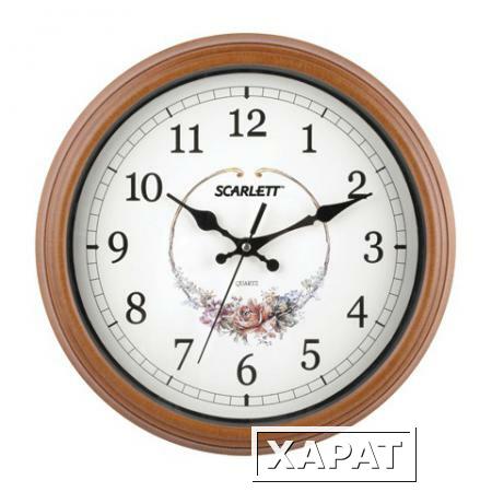 Фото Часы настенные SCARLETT SC-25Q круг, белые с рисунком, коричневая рамка, плавный ход, 30,0х30,0х5 см
