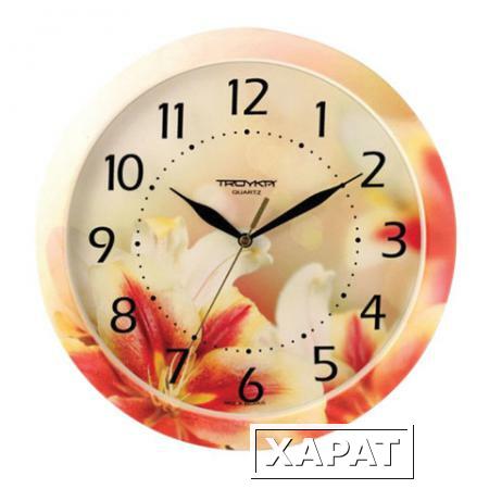 Фото Часы настенные TROYKA 11000018, круг, белые с рисунком "Лилии", рамка в цвет корпуса, 29x29x3,5 см