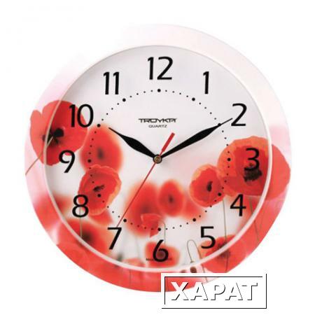 Фото Часы настенные TROYKA 11000009, круг, белые с рисунком "Маки", рамка в цвет корпуса, 29x29х3,5 см