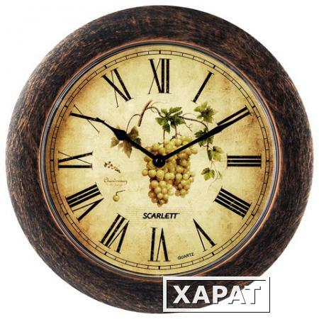 Фото Часы настенные SCARLETT SC-WC1002K круглые, с рисунком, коричневая рамка, плавный ход, 28,5х28,5х4 см