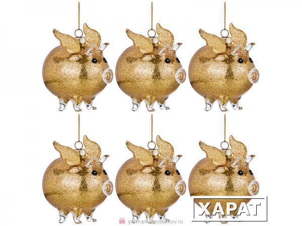 Фото Декоративное изделие свинка-ангел цвет:золото набор из 6шт 9х6 см высота 9,5 см без упаковки (