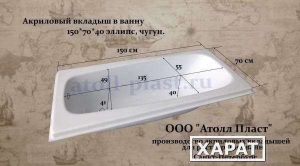 Фото Акриловый вкладыш в чугунную ванну 1.5 эллипс глубиной 40 см