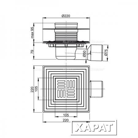 Фото Сливной трап AlcaPlast APV3344 105x105/50/75 гидрозатвор мокрый/сухой