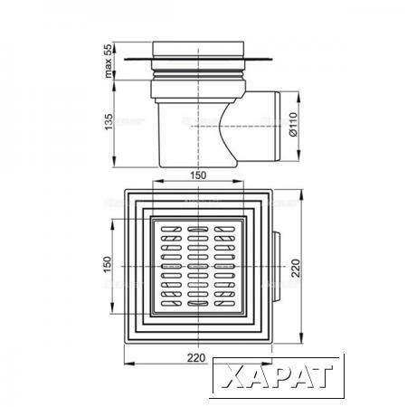 Фото Сливной трап AlcaPlast APV12 150x150/110 с гидрозатвором