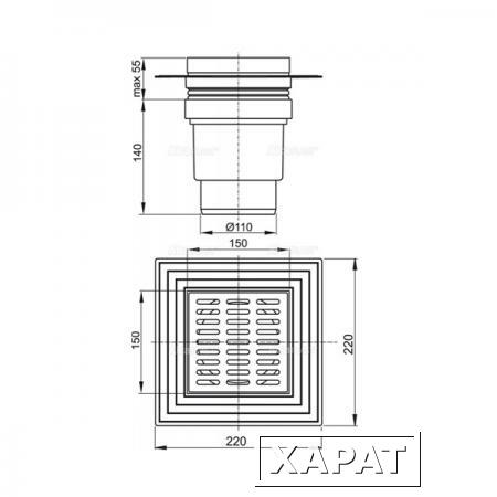 Фото Сливной трап AlcaPlast APV13 150x150/110 с гидрозатвором