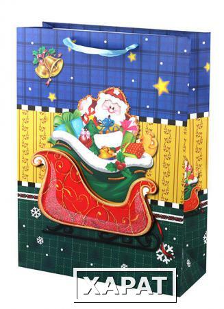 Фото Пакет подарочный Дед мороз с подарками с глиттером Объемный 18*23*10