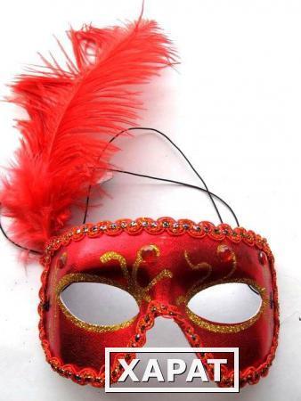 Фото Маска венецианская Карнавал с перьями Красная