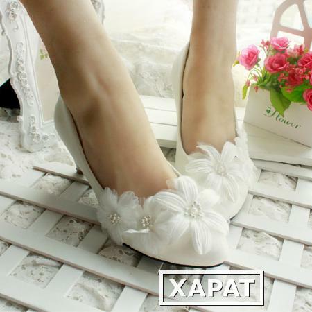 Фото Сладкий белый ручной работы жемчужина свадьбы обувь Свадебная обувь для новобрачных обувь Свадебная обувь Свадебная обувь невесты обувь