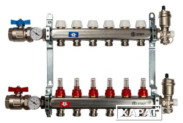 Фото Коллектор Stout из нержавеющей стали в сборе с расходомерами 6 выходов
