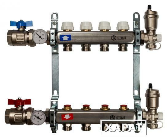 Фото Коллектор Stout из нержавеющей стали в сборе с запорными кранами 4 выхода