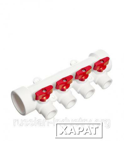 Фото Коллектор полипропиленовый Tebo 40х4 отвода 20х40 мм с шаровыми кранами красные ручки