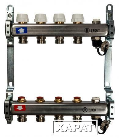 Фото Коллектор Stout из нержавеющей стали с запорными кранами с клапаном вып. воздуха и сливом 4 выхода