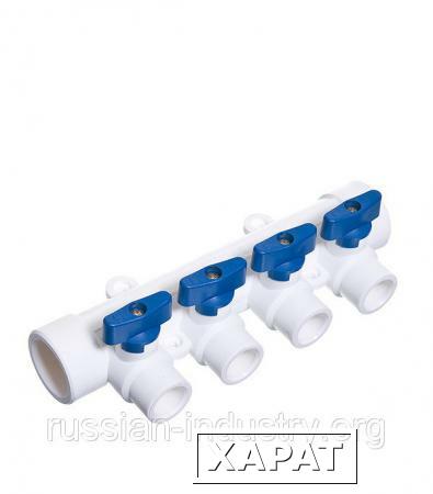 Фото Коллектор полипропиленовый Tebo 32х4 отвода 20х32 мм с шаровыми кранами синие ручки
